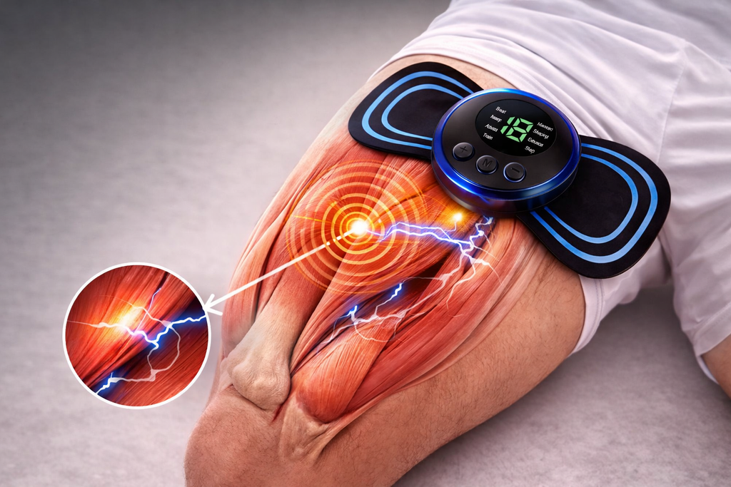 Diagrama anatómico de la pierna mostrando los puntos de acción del masajeador de rodilla Alivia