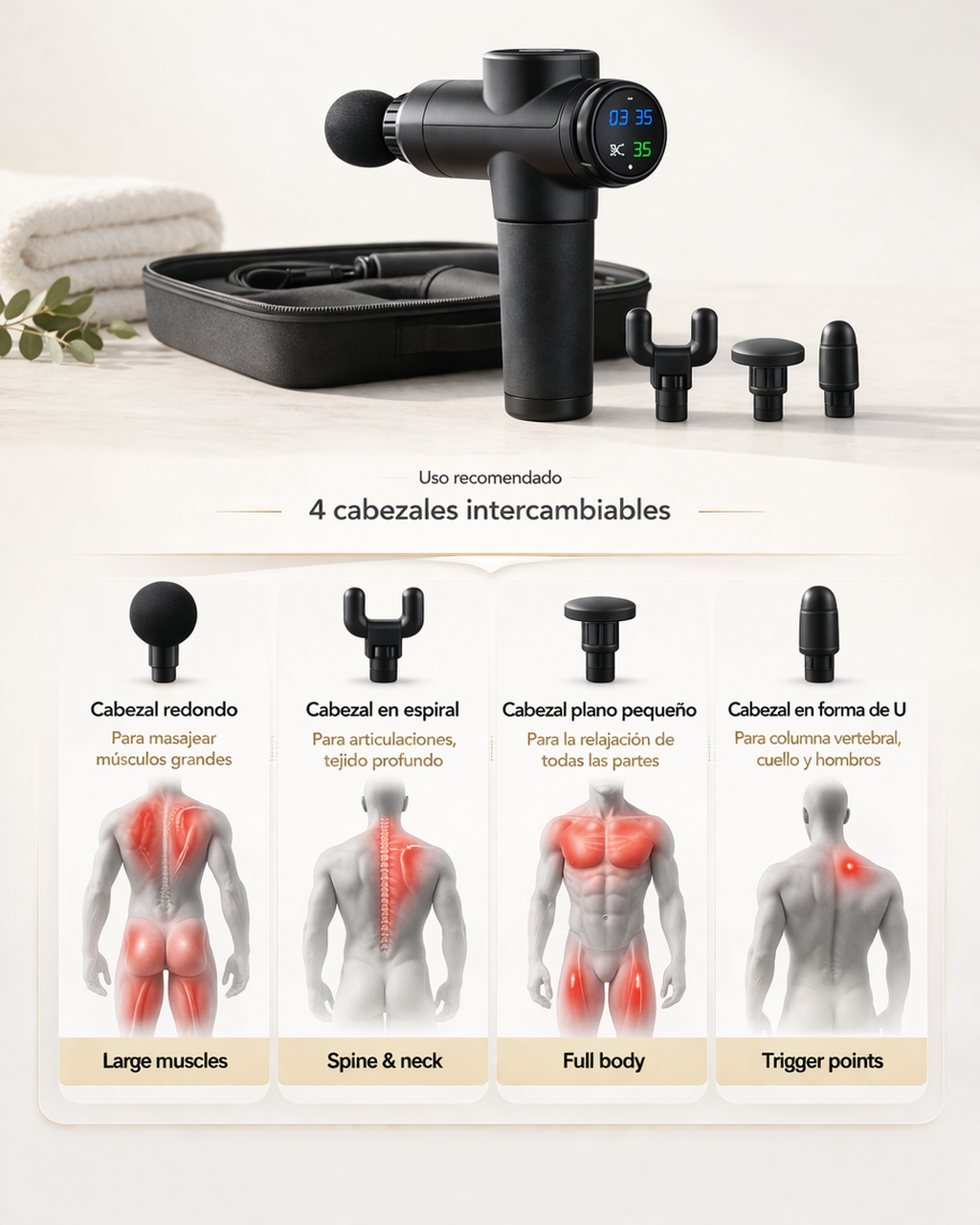 Pistola de masaje Alivia con 4 cabezales intercambiables para diferentes grupos musculares