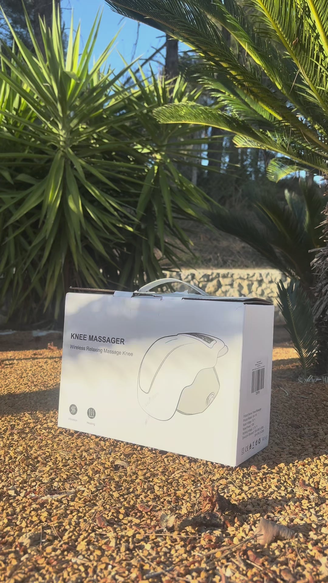 Video unboxing masajeador de rodilla portátil con calor y vibración Alivia mostrando producto y contenido de la caja